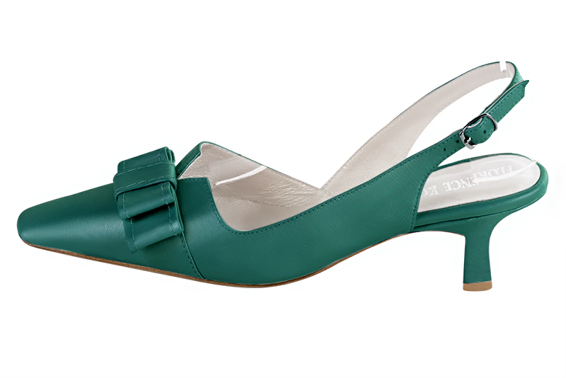 Emerald green women's open back shoes, with a knot. Tapered toe. Medium spool heels. Profile view - Florence KOOIJMAN